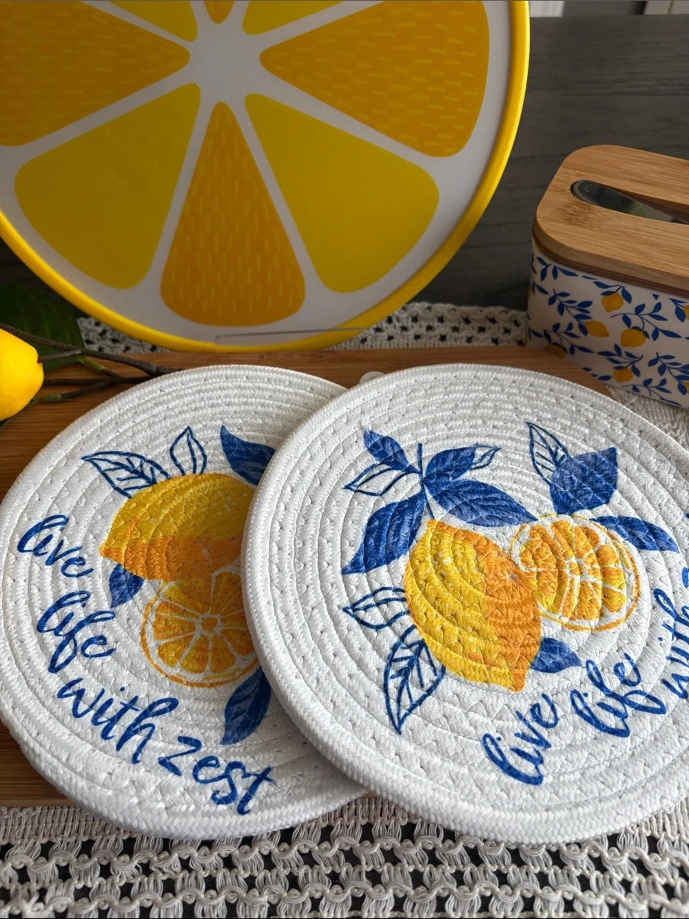 Yellow Lemon-Themed Bundle- Cutting board,trivets, coasters, & butter dish.